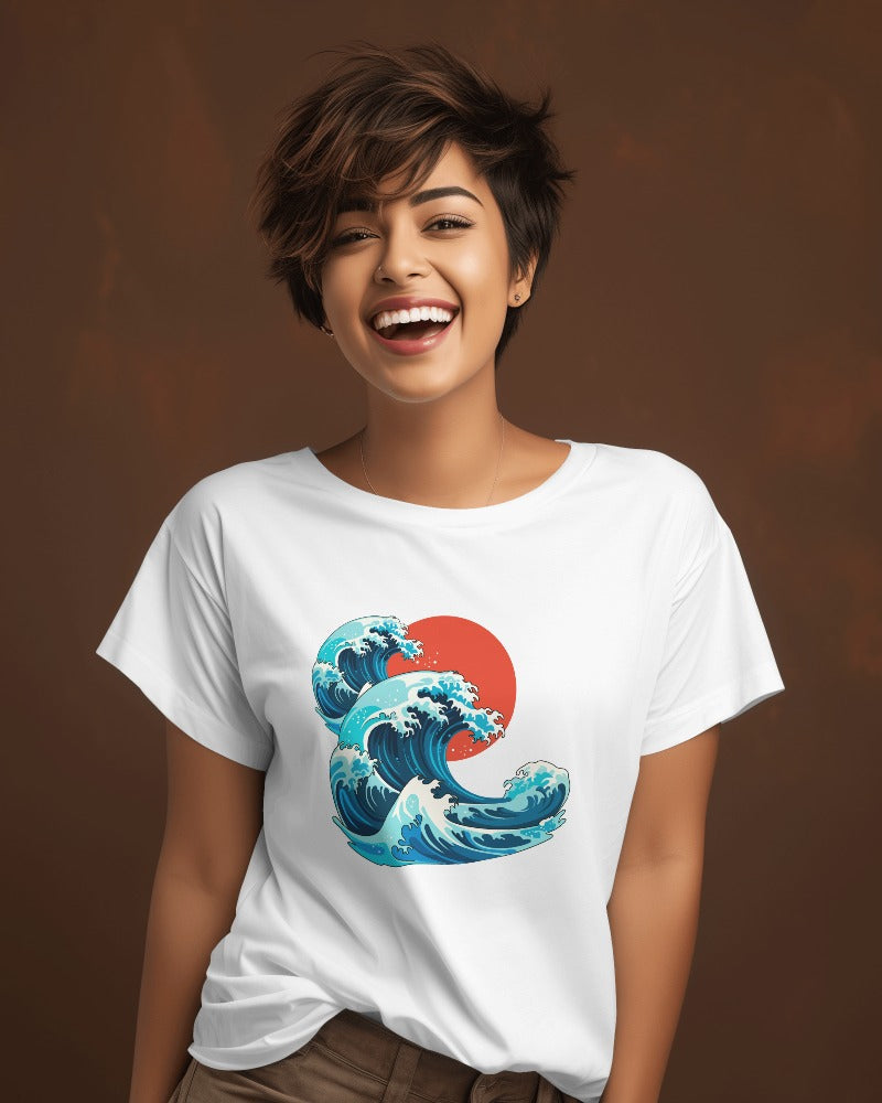 Great Wave White - Casual Travel Themed Printed T-Shirt